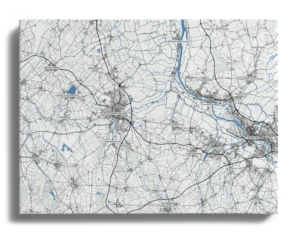 Mappa personalizzata su tela orizzontale senza bordi, con strade grigie e fiumi blu su fondo chiaro