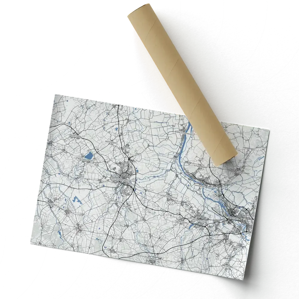 Poster con mappa personalizzata, strade grigie e fiumi blu, disposto in diagonale accanto a un tubo da spedizione