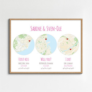 Poster con 3 mappe dell'amore - crea il tuo personalizzato: proposta, bacio, nozze