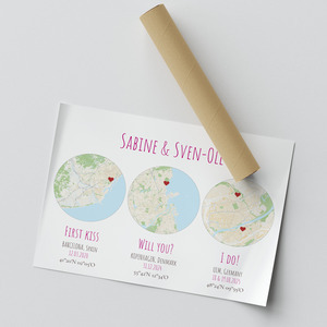 Poster con 3 mappe dell'amore - crea il tuo personalizzato: proposta, bacio, nozze