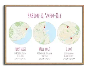 Poster con 3 mappe dell'amore - crea il tuo personalizzato: proposta, bacio, nozze