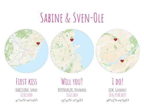 Poster con 3 mappe dell'amore - crea il tuo personalizzato: proposta, bacio, nozze