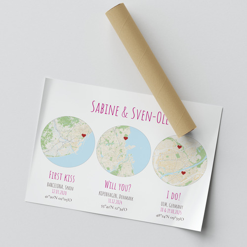 Poster con 3 mappe dell'amore - crea il tuo personalizzato: proposta, bacio, nozze