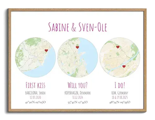 Poster con 3 mappe dell'amore - crea il tuo personalizzato: proposta, bacio, nozze
